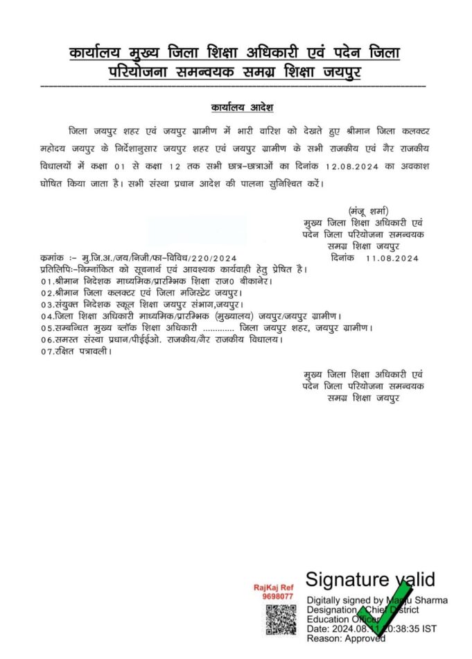 भारी बारिश व जल भराव की आशंका : 12 अगस्त को रहेगा अवकाश